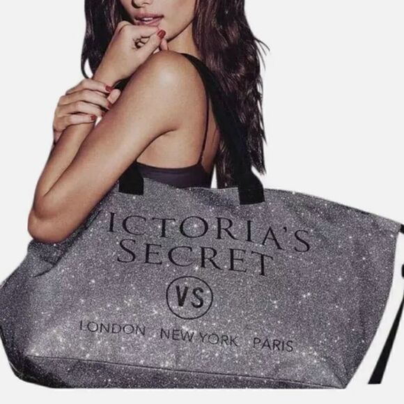 Victorias Secret Limited Edition Silver Glitter Weekender Tote Bag NWOT - Picture 1 of 15